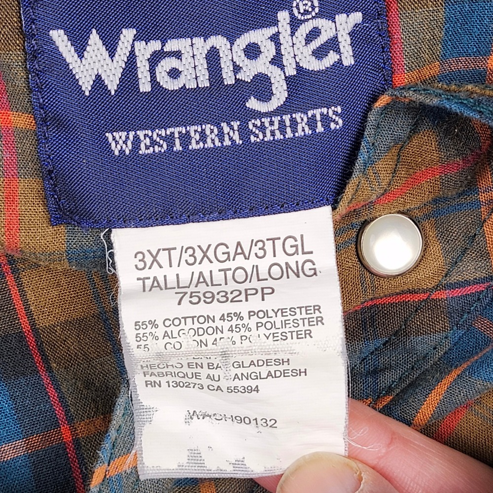 Vintage Wrangler Western Shirt Mens 3XT Brown Blue Plaid Pearl Snap Long Sleeve - Picture 5 of 8